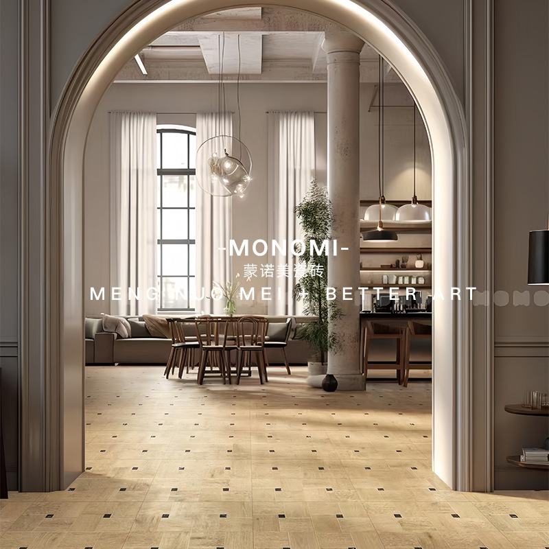 French, old-fashioned wood-grained floor floor bricks in the bedroom of the parlour courtyard.