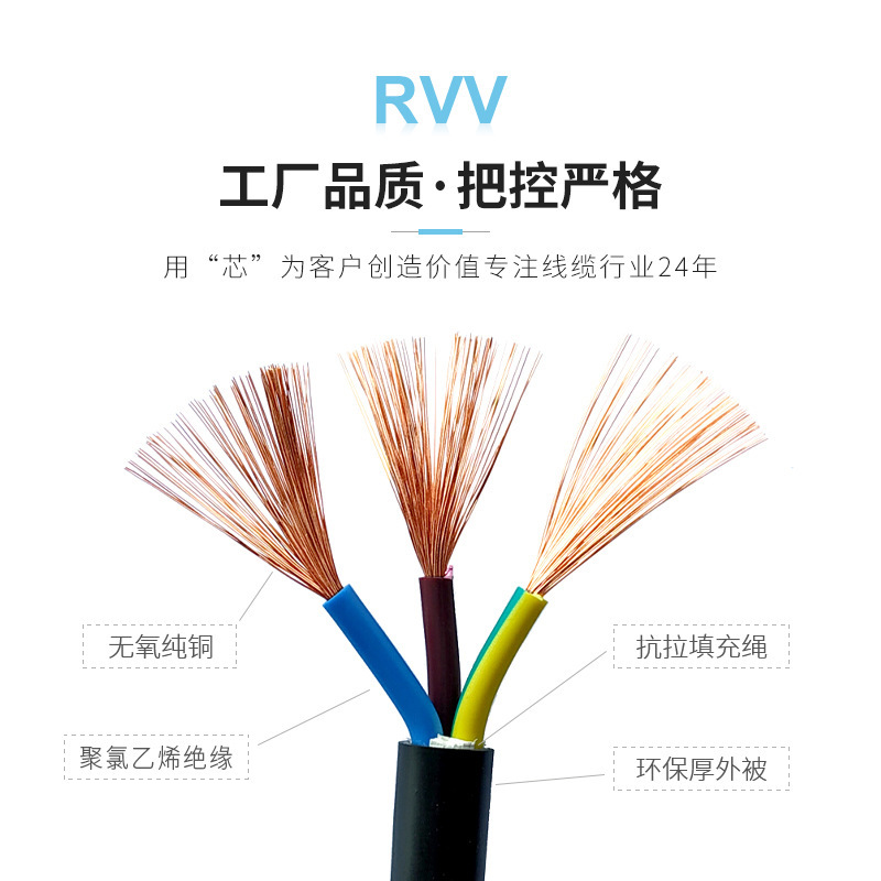 北京科讯RVV国标纯铜芯电线电缆护套线2/3/芯1.5/2.5/4平方电源线