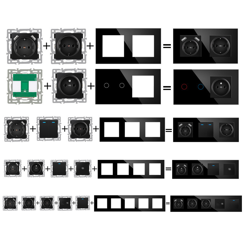 82型欧标德式法式智能涂鸦开关插座功能模块组合墙壁黑色玻璃面板