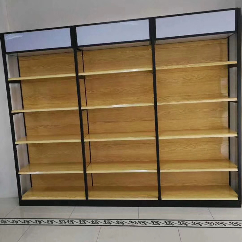 A two-sided wooden display shelf for a four-column stand at a supermarket shelf.