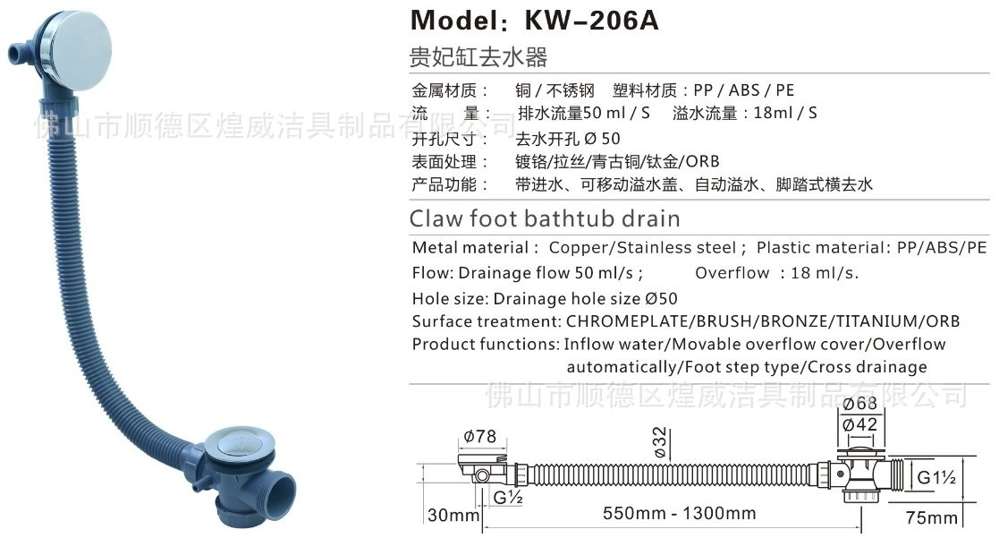 煌威去水专家 浴缸去水器带溢水弹跳式塑料下水器 横排侧排