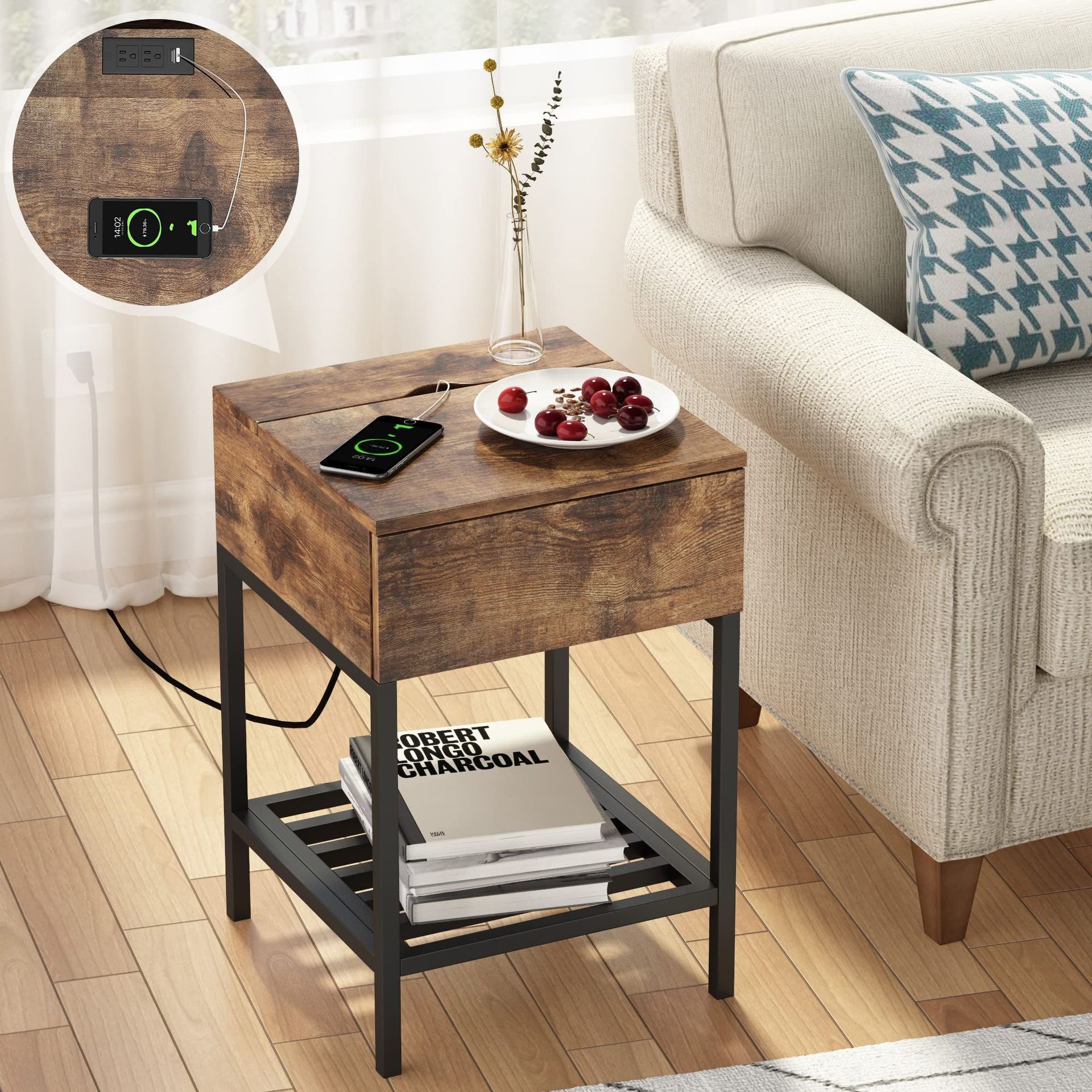 Directly sold by the factory, bedside cabinet, with charging station and USB port, a simple side desk drawer.