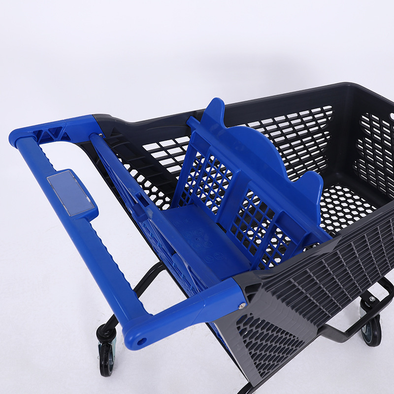 A plastic shopping cart in a European cart shopping mall for children on a single floor shopping cart.