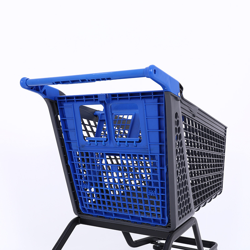 A plastic shopping cart in a European cart shopping mall for children on a single floor shopping cart.