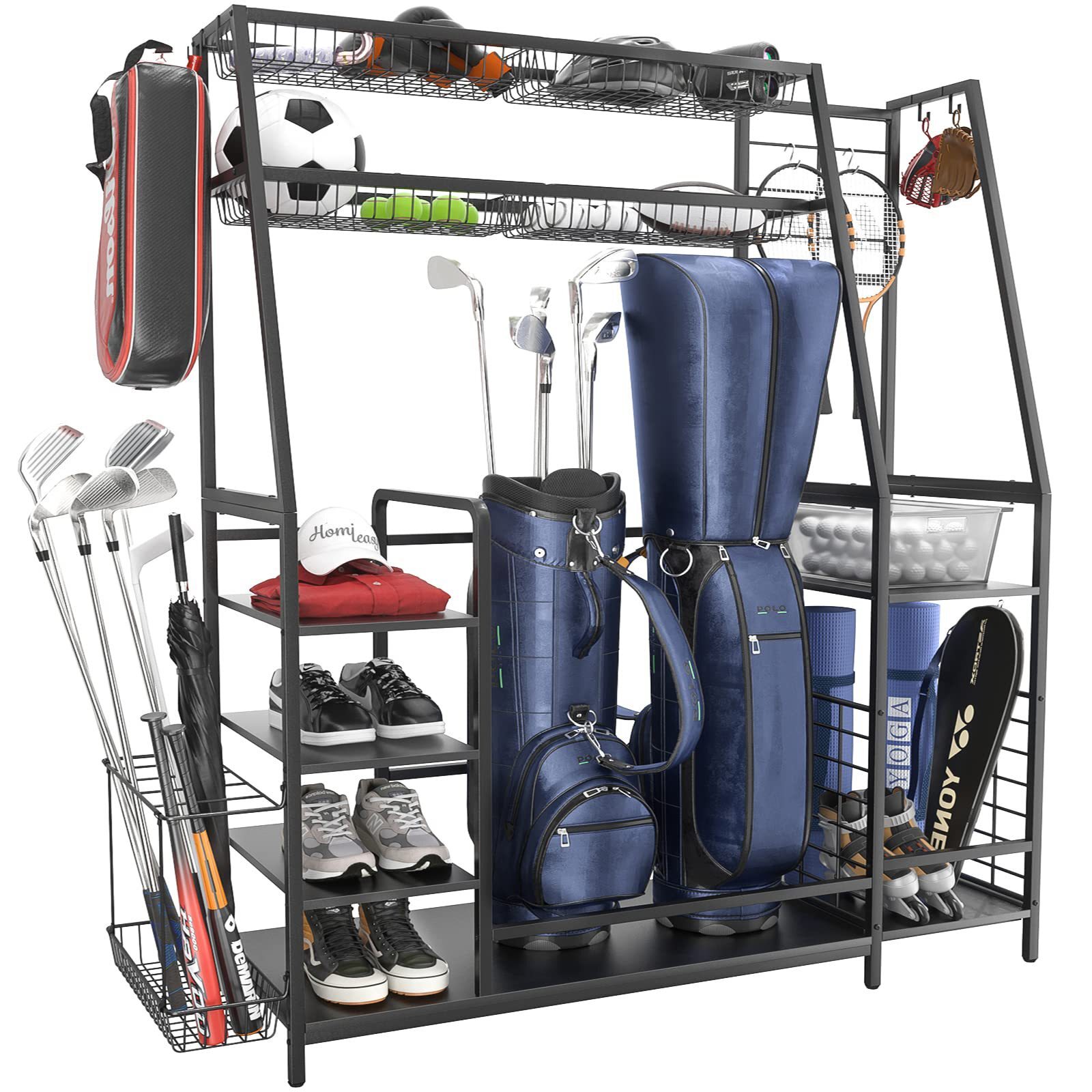 Simple golf storeer organizers, golf shelf with baskets and hooks