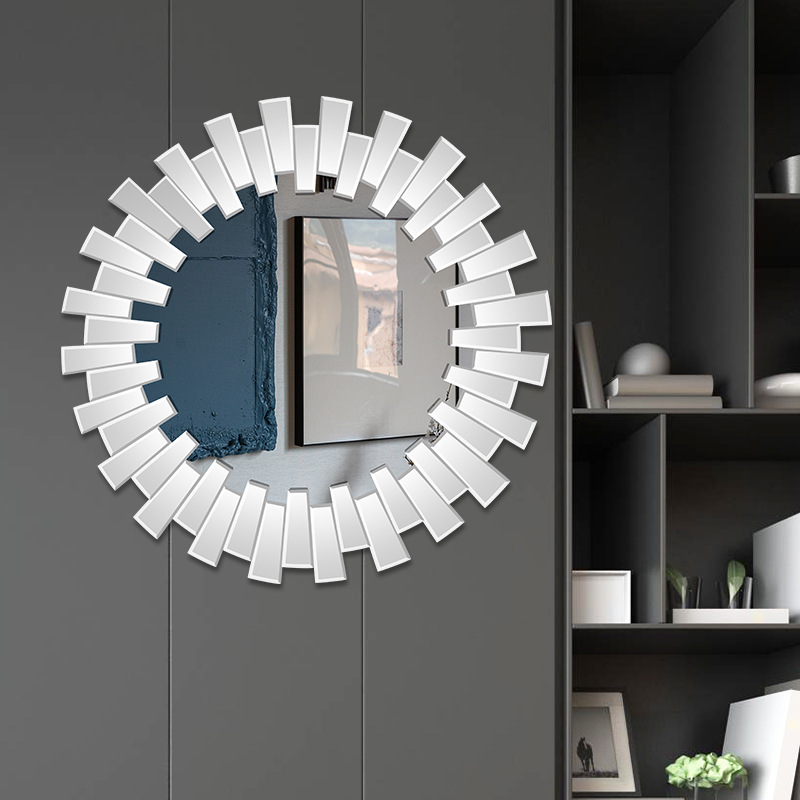 Customize a modern light-luxe bathroom mirror with an art mirror on the wall of a hotel.