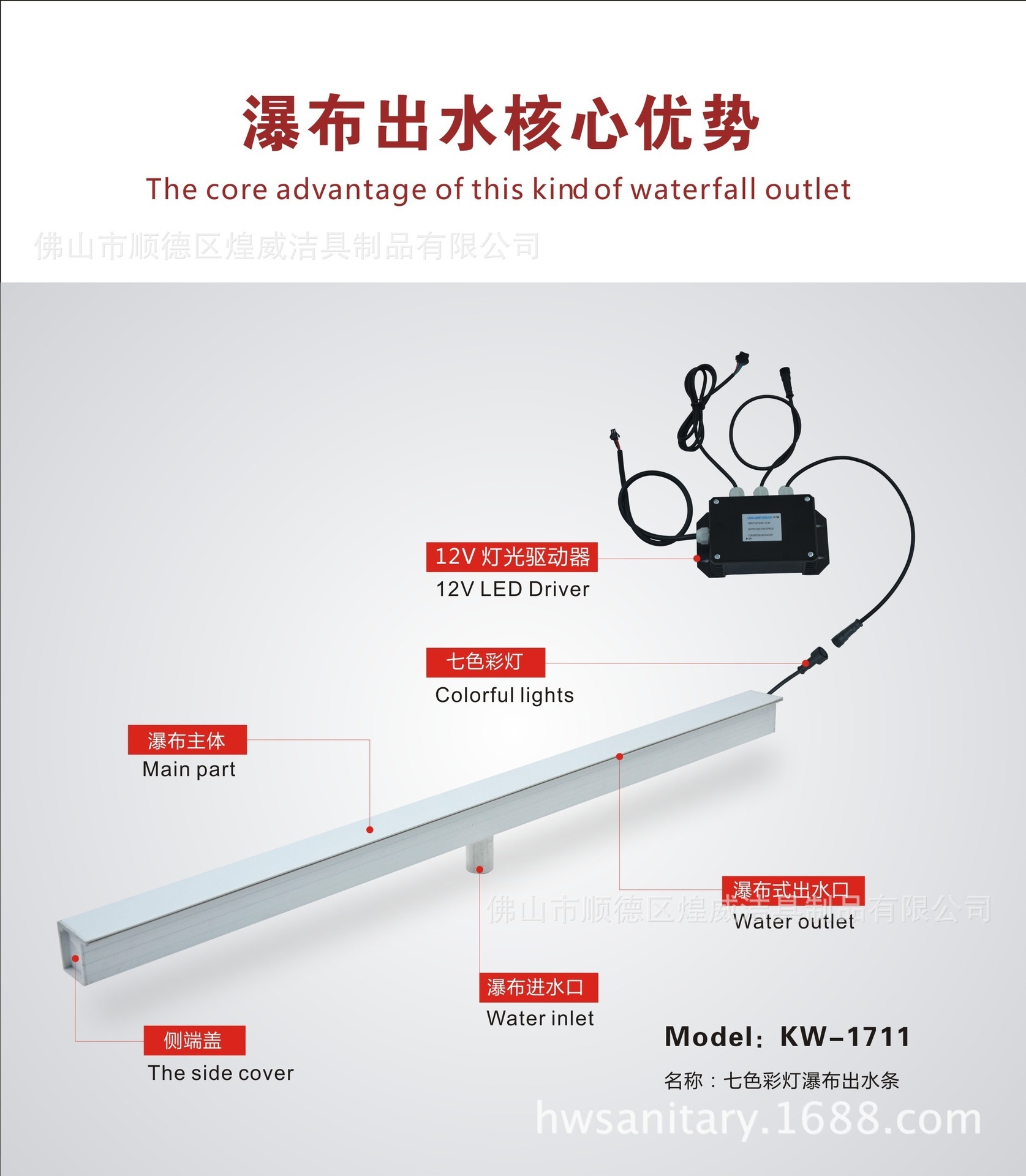 国家专利产品 浴缸七彩灯水帘 出水水帘 带灯去水器 瀑布塑料去水