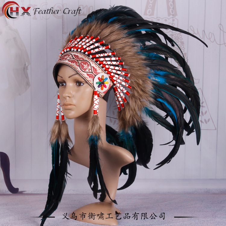 Pocket Indian heads, feathers, wildling chief hairs, stage show show prop.