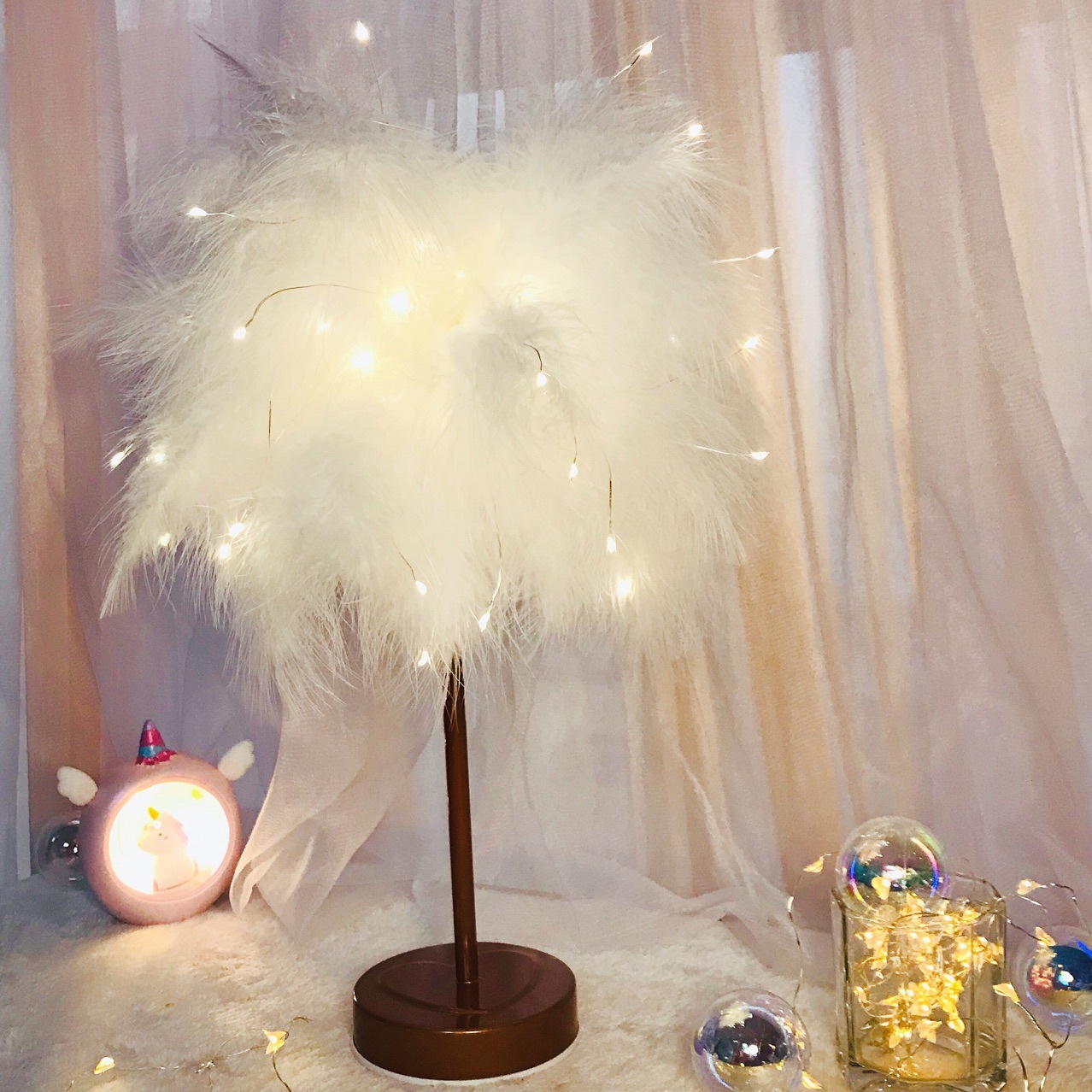 2023 LED creative feather light small feather upgrade desktop automatic night light tree lamp