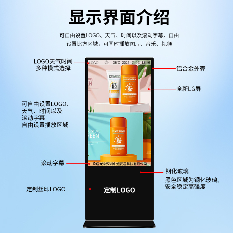 Bên dưới LCDs hiển thị một màn hình radio sạch sẽ đa phương tiện cao cấp được chiếu trên quảng cáo thông minh