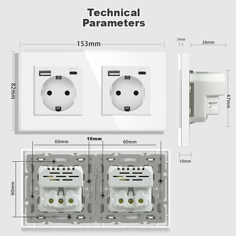 82型欧标德式USB-type-c连体墙壁电源插座16A暗装外贸玻璃面板