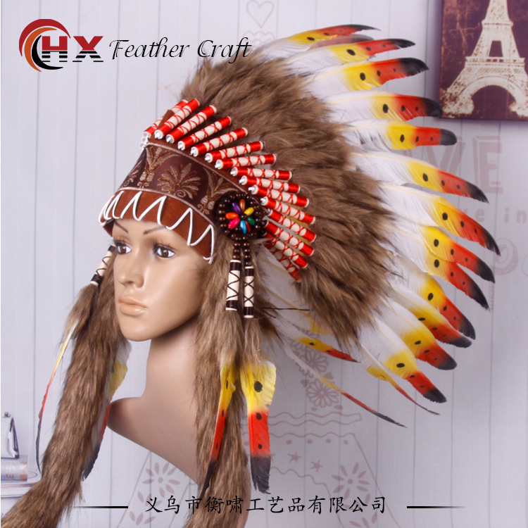 Pocket Indian heads, feathers, wildling chief hairs, stage show show prop.