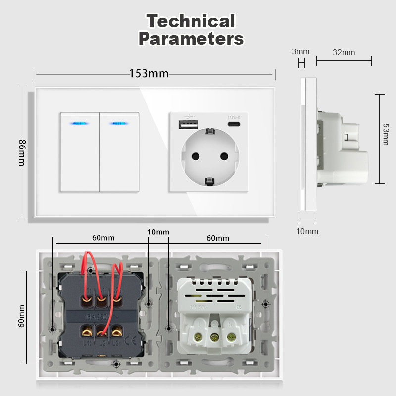 带拨动开关的插座220v 16a壁式插座带usb 153*86玻璃面板带灯开关