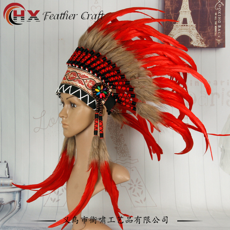 Pocket Indian heads, feathers, wildling chief hairs, stage show show prop.