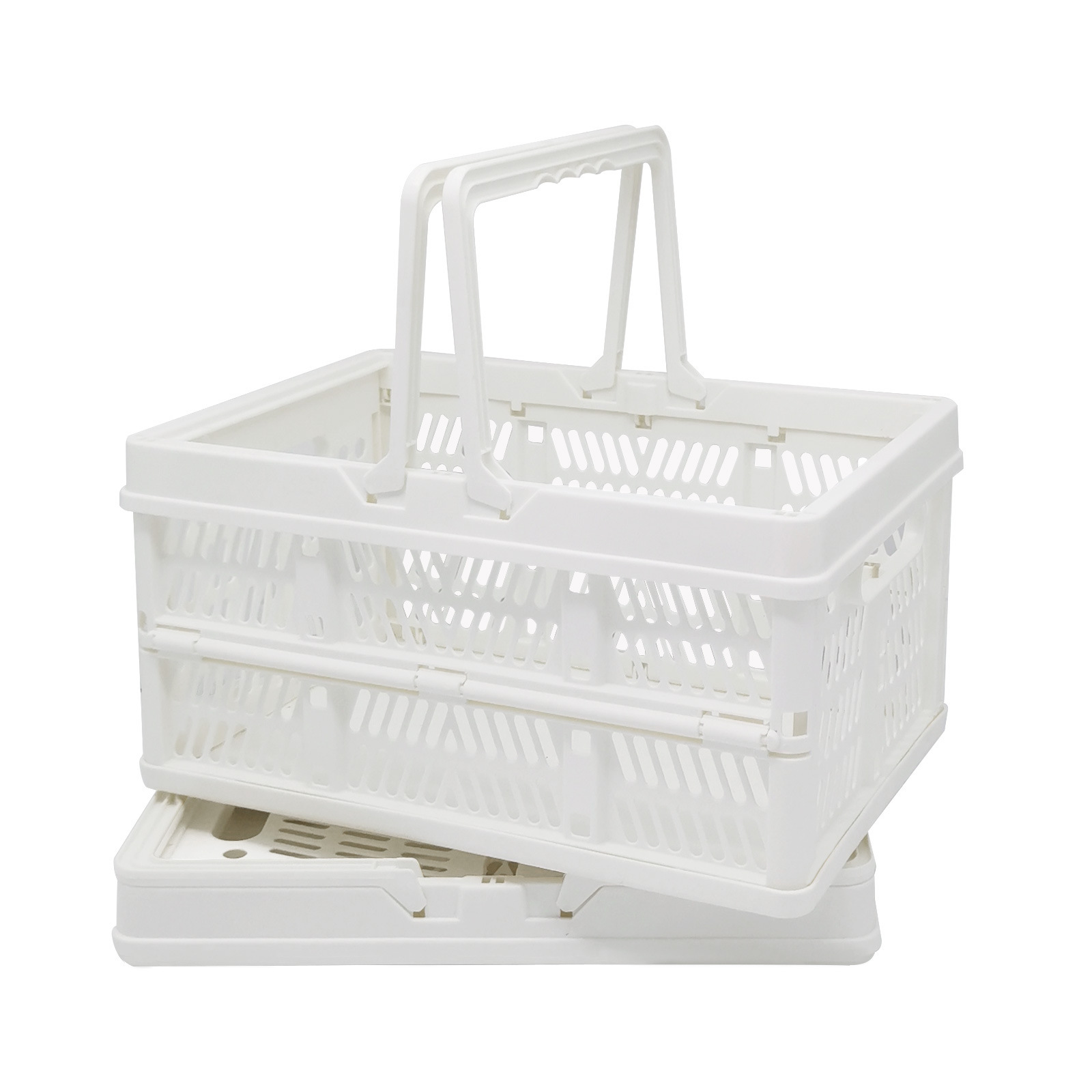 We can fold a shopping basket with a hand-held plastic basket with a desktop stationery and a picnic fruit basket.