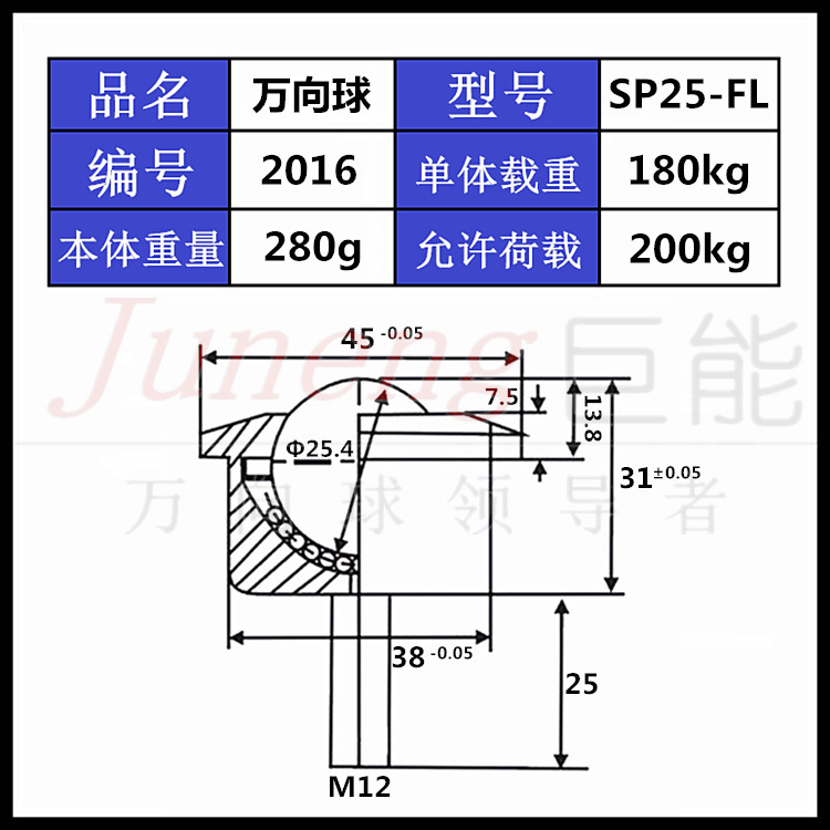 厂家供应巨能万向滚珠【SP25-FL】万向球牛眼轴承M12螺纹输送轮