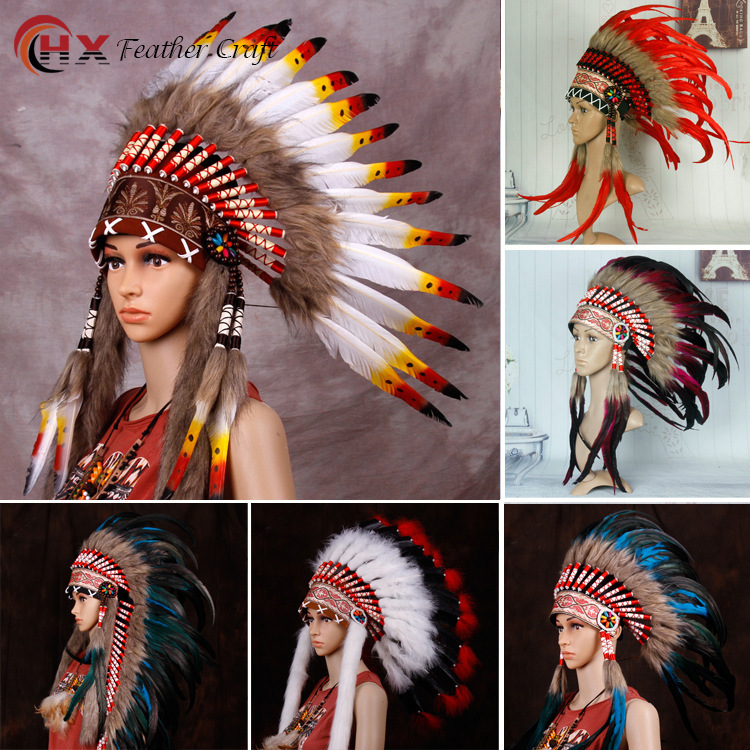 Pocket Indian heads, feathers, wildling chief hairs, stage show show prop.