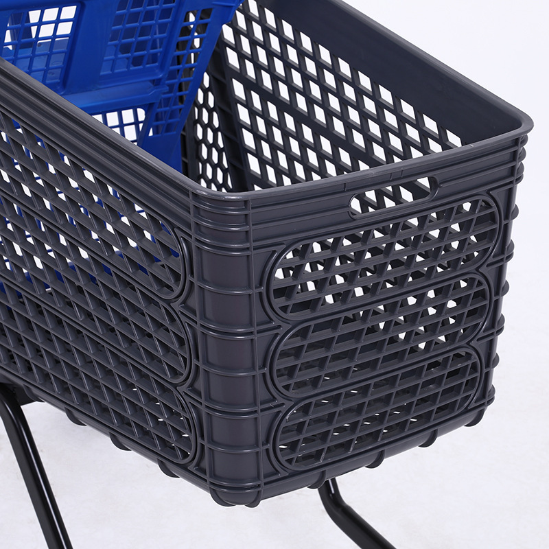 A plastic shopping cart in a European cart shopping mall for children on a single floor shopping cart.