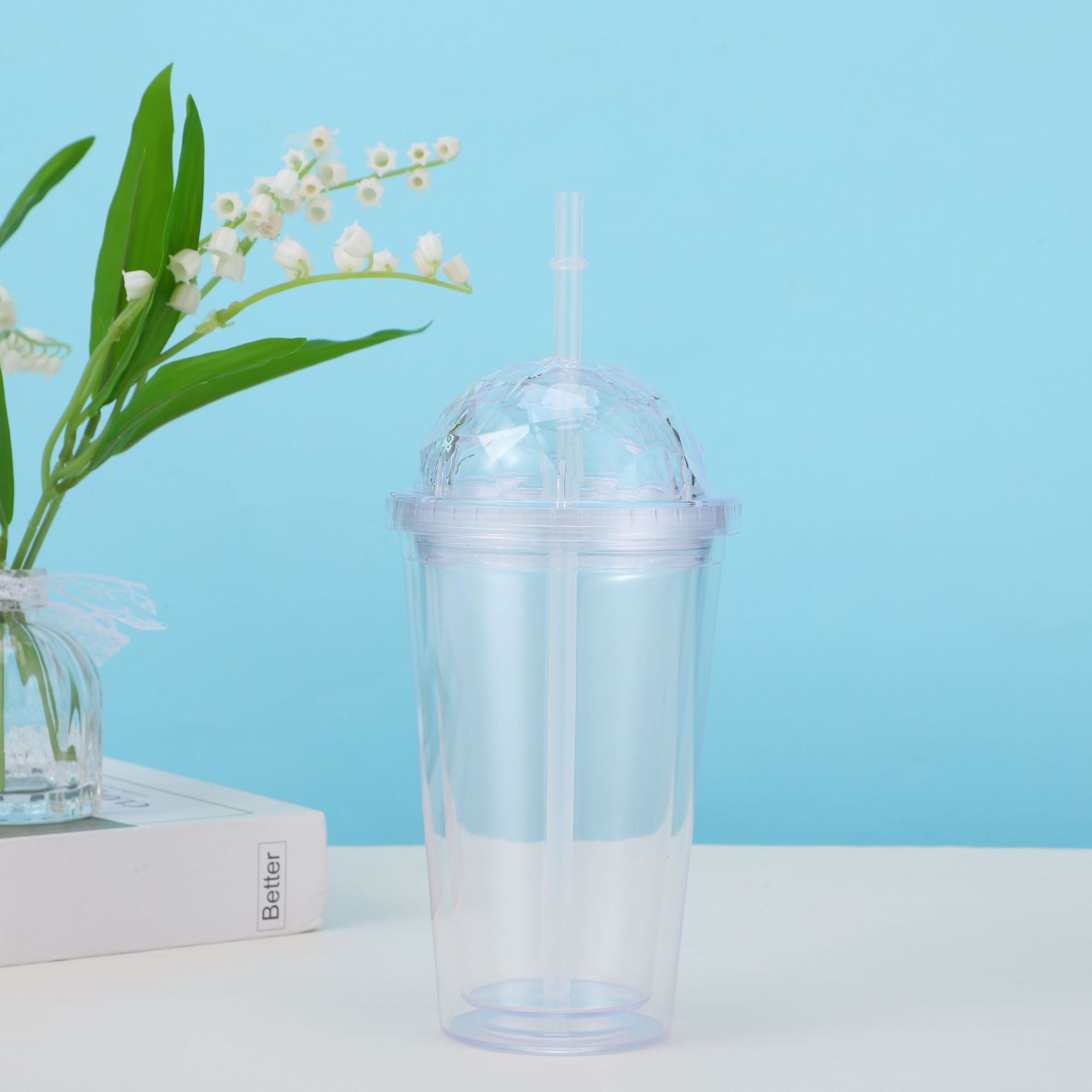 公關禮品浪漫櫻花玻璃杯星空帶蓋吸管杯耐高溫女生吸管高顏值水杯