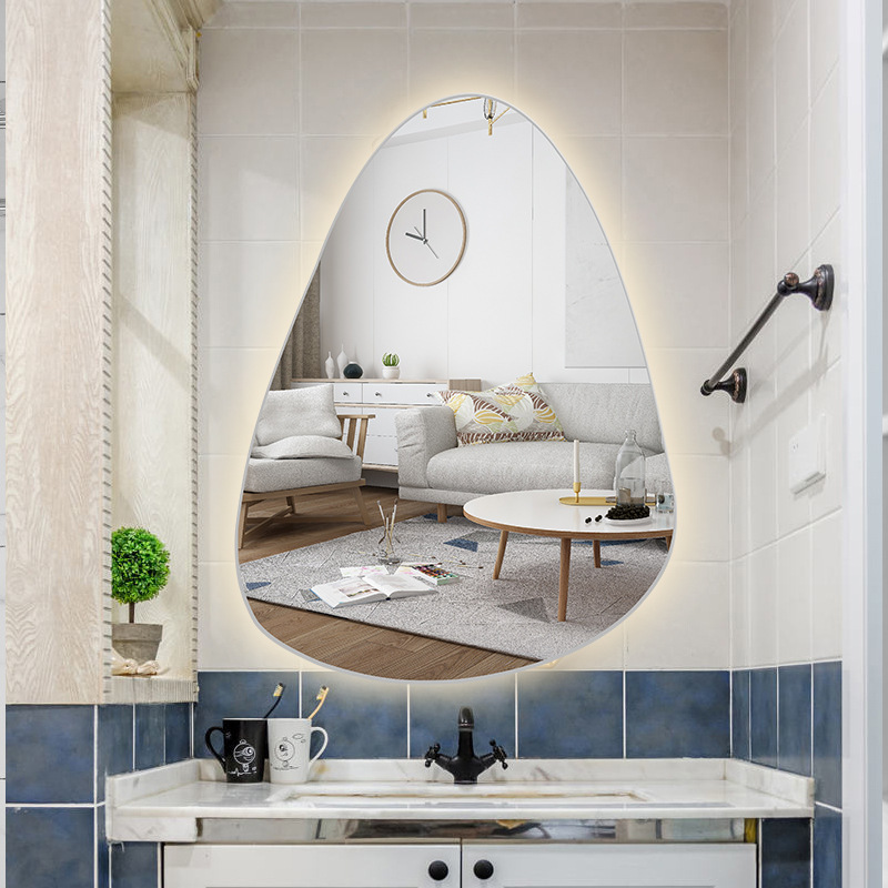 Customizing smart ideas with light luxurious drops of alien bathroom mirrors in an irregular mirror-touching wall