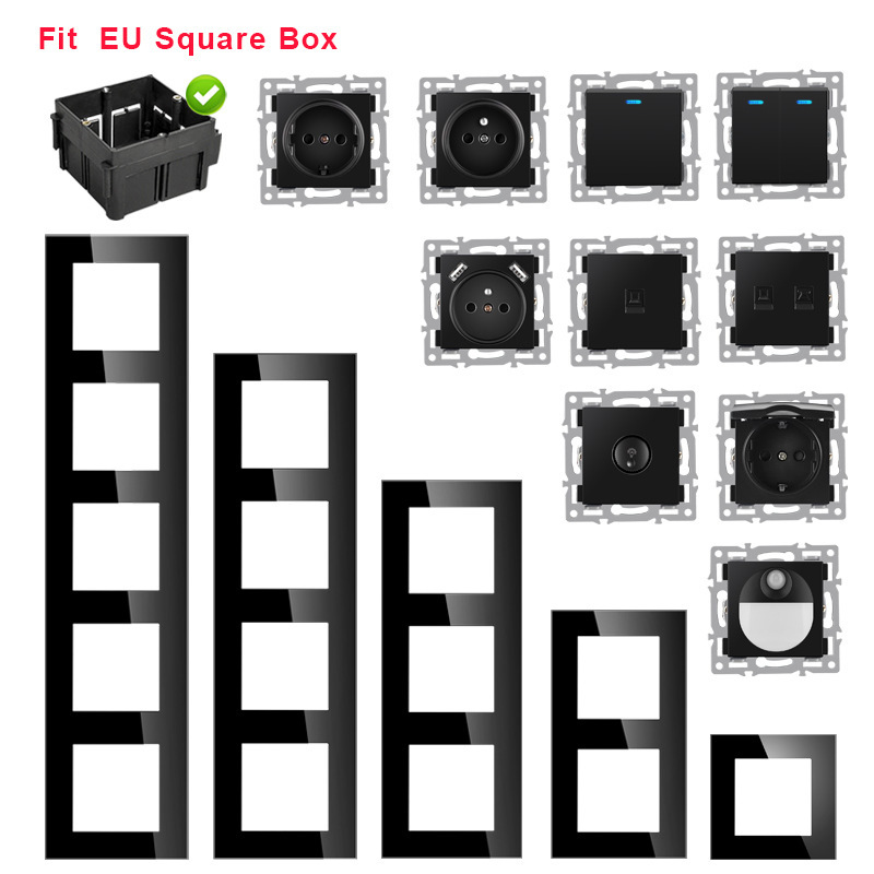 82型欧标德式法式智能涂鸦开关插座功能模块组合墙壁黑色玻璃面板