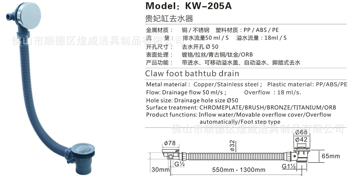 煌威去水专家 浴缸去水器带溢水弹跳式塑料下水器 横排侧排