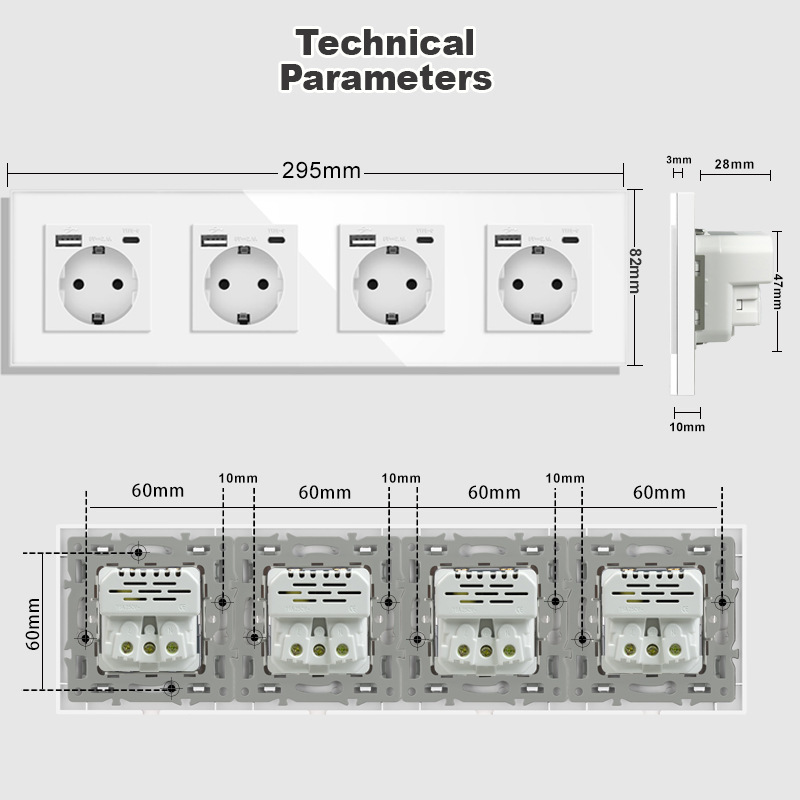 82型欧标德式USB-type-c连体墙壁电源插座16A暗装外贸玻璃面板
