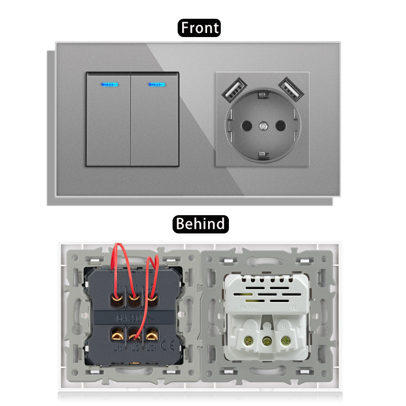 带拨动开关的插座220v 16a壁式插座带usb 153*86玻璃面板带灯开关