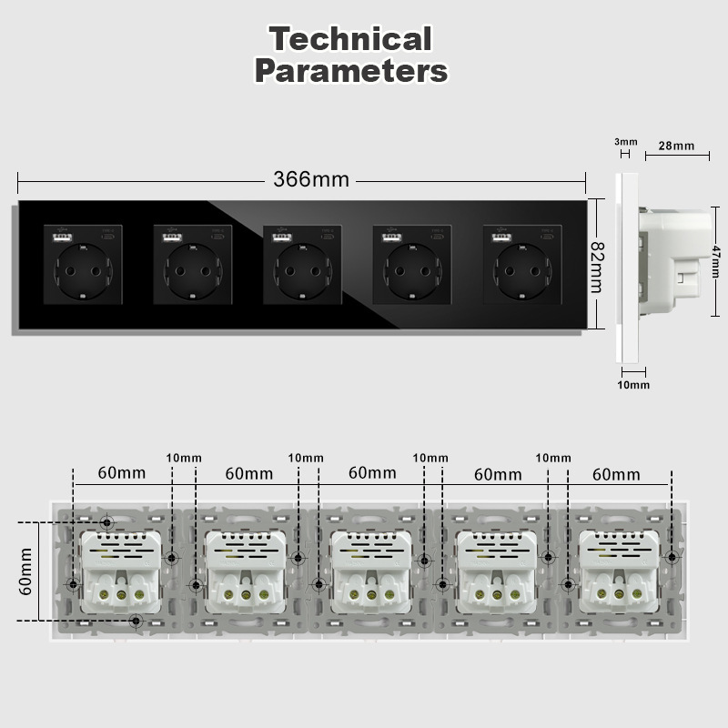 82型欧标德式USB-type-c连体墙壁电源插座16A暗装外贸玻璃面板