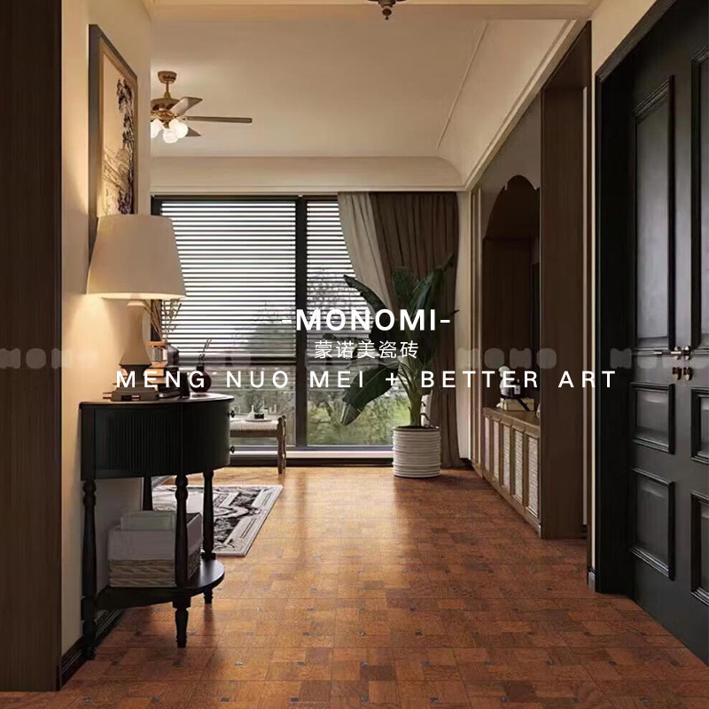 French, old-fashioned wood-grained floor floor bricks in the bedroom of the parlour courtyard.