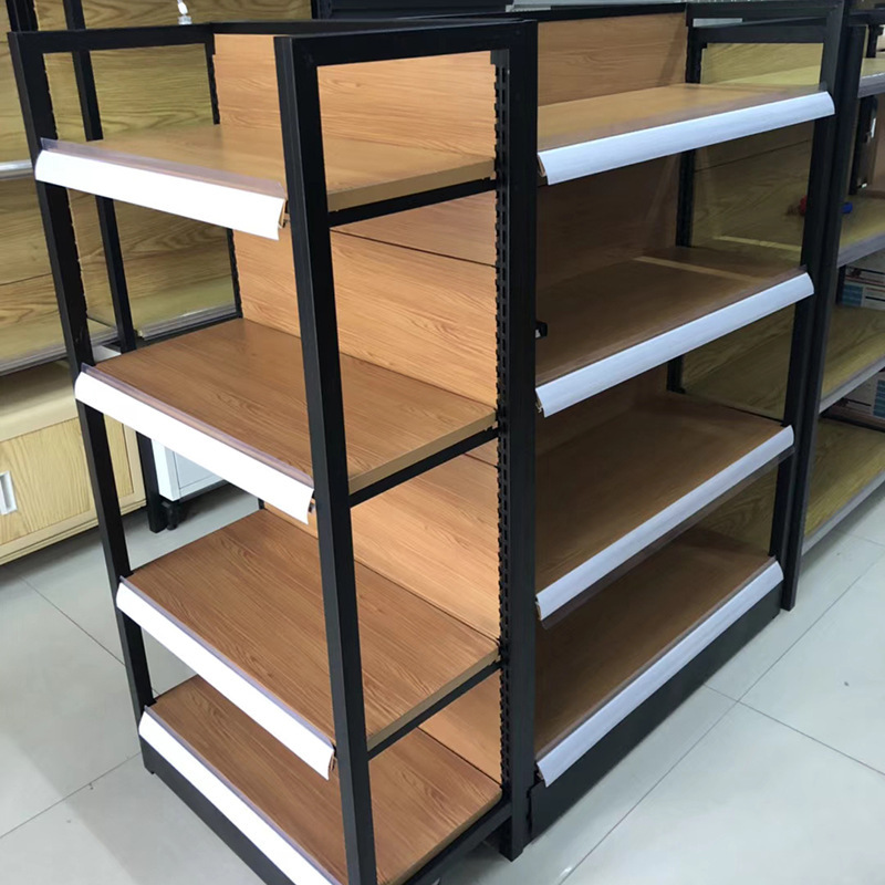 A two-sided wooden display shelf for a four-column stand at a supermarket shelf.