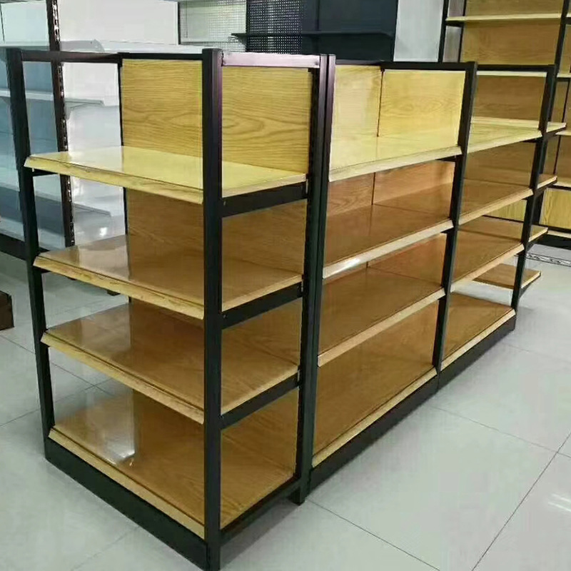 A two-sided wooden display shelf for a four-column stand at a supermarket shelf.