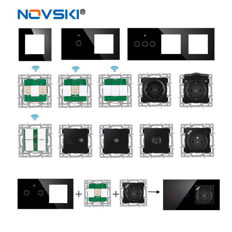 82型欧标德式法式智能涂鸦开关插座功能模块组合墙壁黑色玻璃面板