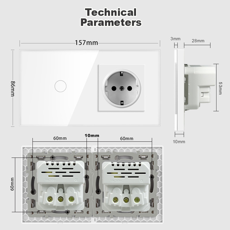 触摸传感器开关带插座水晶玻璃面板 16A 157*86mm壁式插座开关