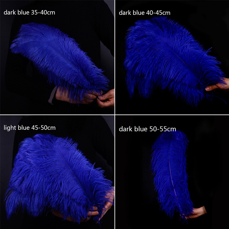 The blue ostrich feathers, DIY, led the dinner table and the bouquets to the hair of the feathers.