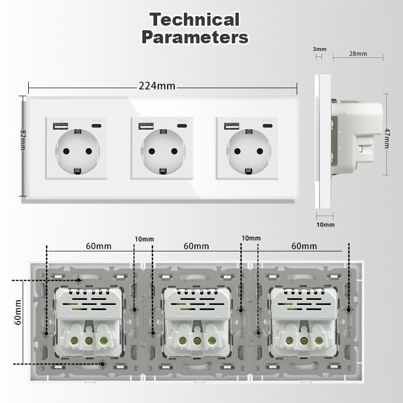 82型欧标德式USB-type-c连体墙壁电源插座16A暗装外贸玻璃面板
