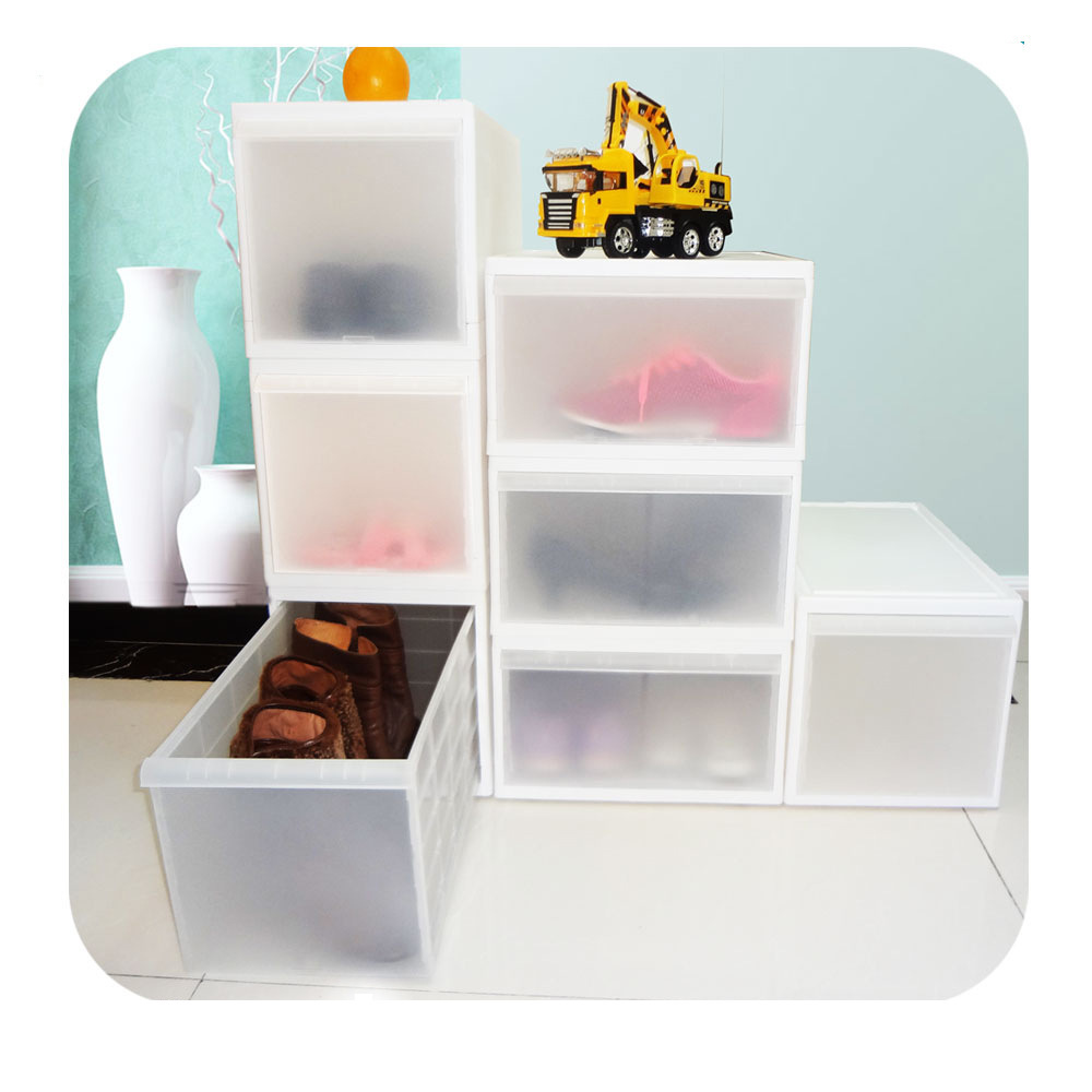 A drawer box for plastic transparency toys and a box for household lockers.