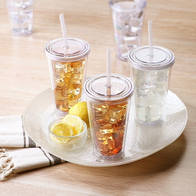 簡約單層透明AS塑料大口吸管隨手飲料杯450ml雙層塑料吸管杯定製