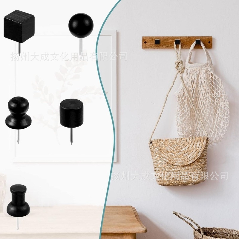 Black wooden nails nailed to ball straw caps nailed to office cork DIY photo wall fixes