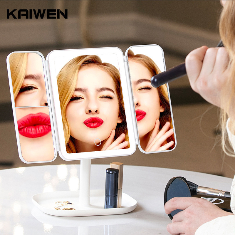 Processing LED makeup lens 1x2X3X magnified LED light mirror touch three-fold desktop patches