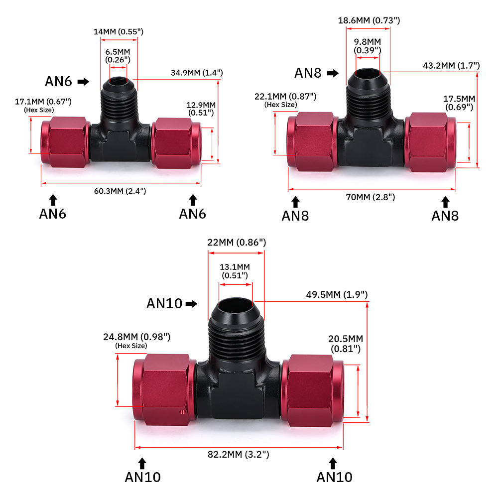 跨境产品黑色 黑红 T型三通接头an6-an10适用于改装汽配