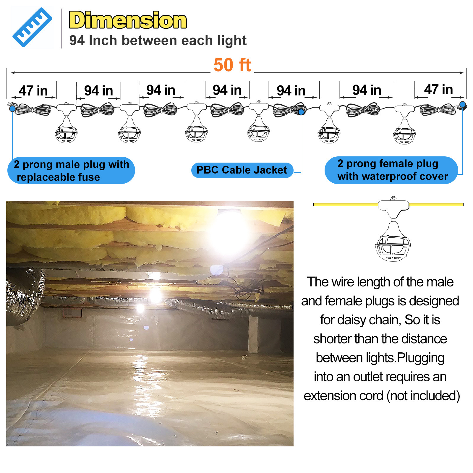 8000 Lumen LED 50ft 6-head Linkable Spring Light