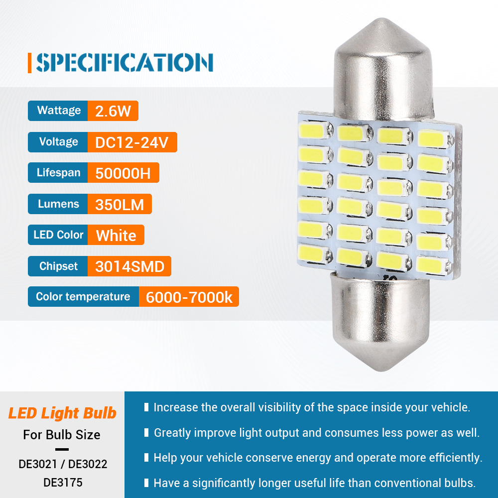 Bóng đèn trắng C5W 12v 6500 K Crossborder cho gương chiếu hậu trong xe ô tô thông thường