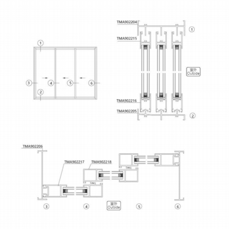 Aluminium alloy type non-disconnected pedestals for the main engineering doors and windows of the TMA90 series