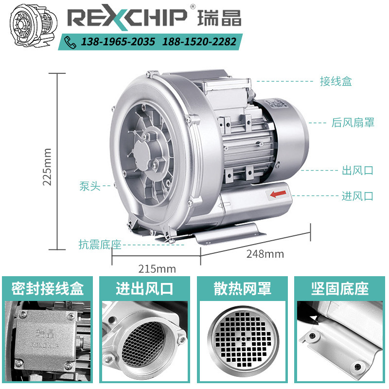 瑞晶REXCHIP直销单段380V池塘养殖增氧工业吹干污水处理旋涡风机