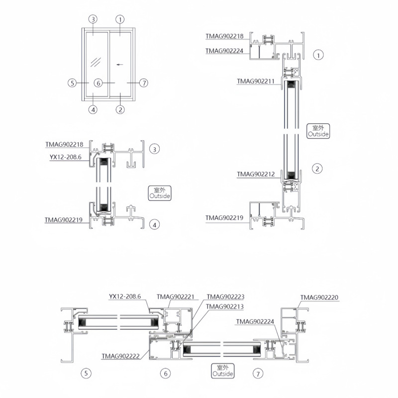 Aluminium alloy in the solid aluminium TMAG90 system push-off door breaker series