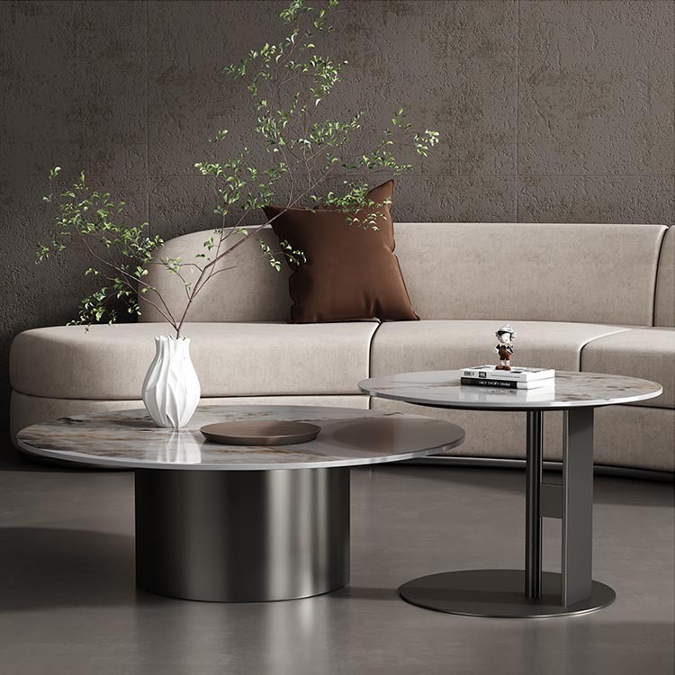 Italian rockboard size and tea mix of elliptical luxurious living room, modern, very simple, stainless steel designer household.