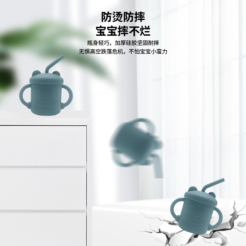 跨境熱銷硅膠水杯雙耳雙吸管杯卡通嬰兒學飲杯兒童寶寶專用硅膠杯