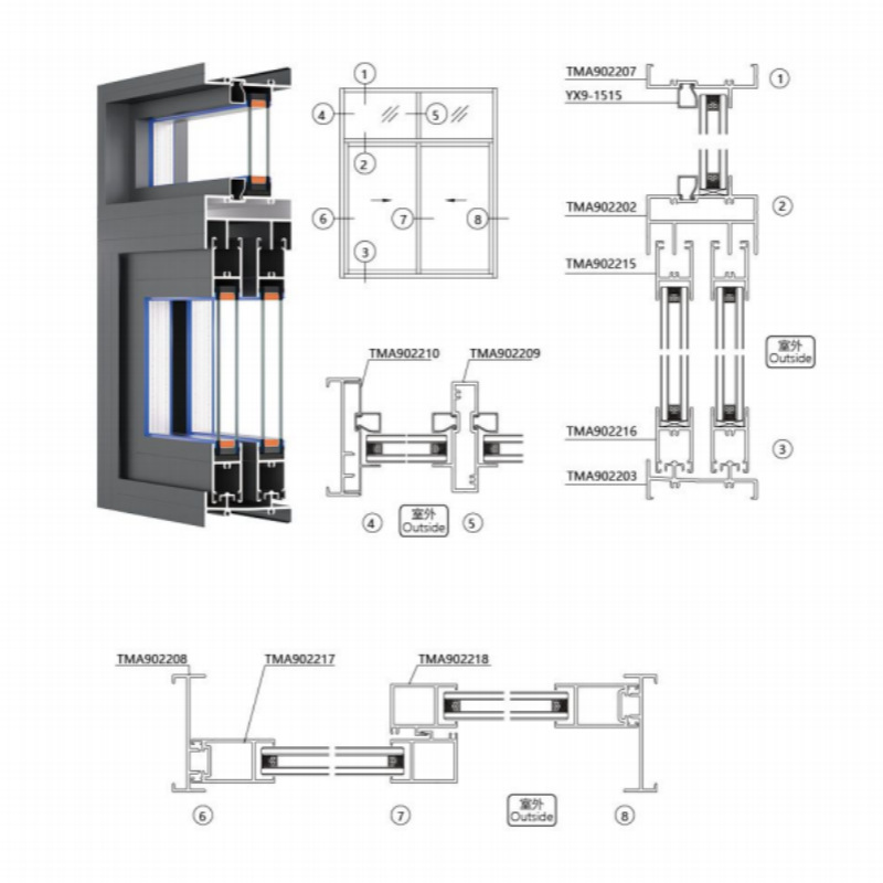 Aluminium alloy type non-disconnected pedestals for the main engineering doors and windows of the TMA90 series