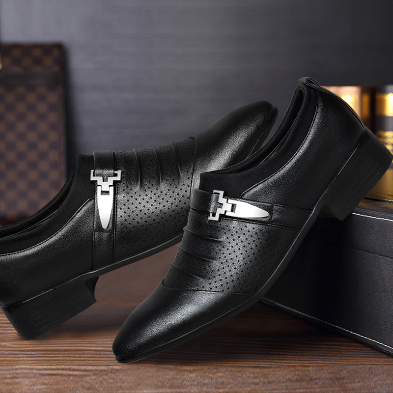 A new, empty-skinned man's business leisure shoe with a hole in a man's shoe.